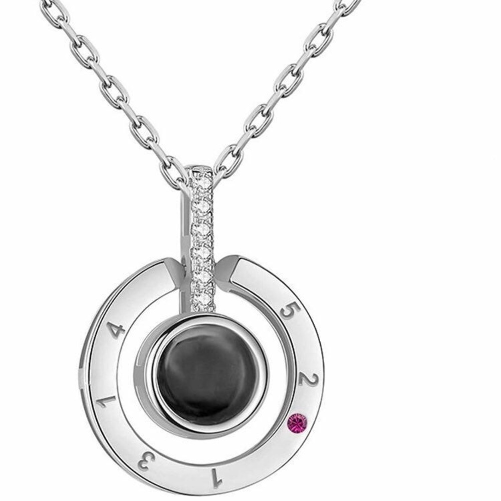 I Love You Necklace, 100 Languages Projection on Round Onyx Pendant